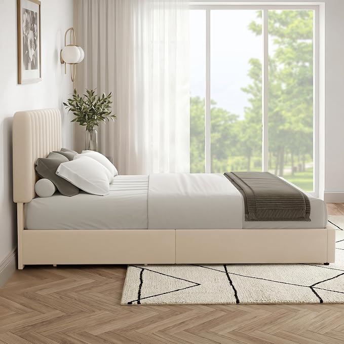 VECELO King Size Upholstered Bed Frame with 4 Drawers and Headboard, Velvet Platform Storage Bedframe, Wooden Slats Support, No Box Spring Needed,Bone Beige