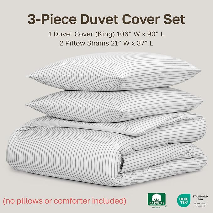 California Design Den Luxury Duvet Cover Set King, Pinstripe Print | Soft 400 Thread Count 100% Cotton Sateen Backed by GH Seal, Duvet Cover & Pillow Sham 3 Pc Set, Button Closure & Corner Ties