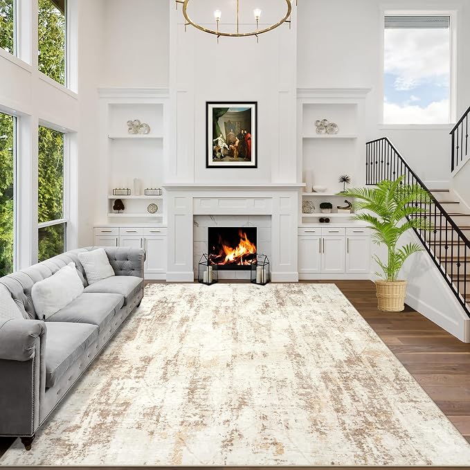 8x10 Area Rugs for Living Room: Washable Abstract Beige Grey Badroom Carpet | Non-slip TPE backing makes this washable soft low-pile rug safe & durable, Pet-friendly decor for dining room,nursery,office