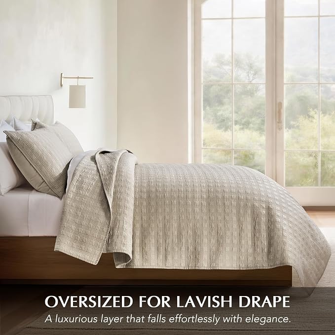 EVERGRACEHOME Cotton Sateen Windowpane Quilt Set King Size, Light Taupe | 100% Cotton, Pre-Washed Soft Coverlet Bedspread, 3-Piece Lightweight Bedding Set for All Season, with 2 Pillow Shams