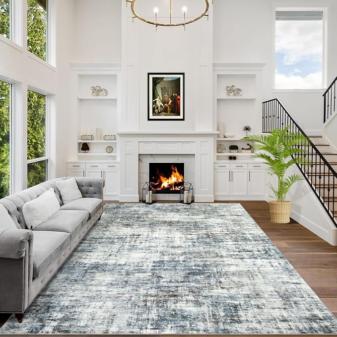 8x10 Area Rugs for Living Room: Washable Abstract Blue Multi Badroom Carpet | Non-slip TPE backing makes this washable soft low-pile rug safe & durable, Pet-friendly decor for dining room,nursery,office