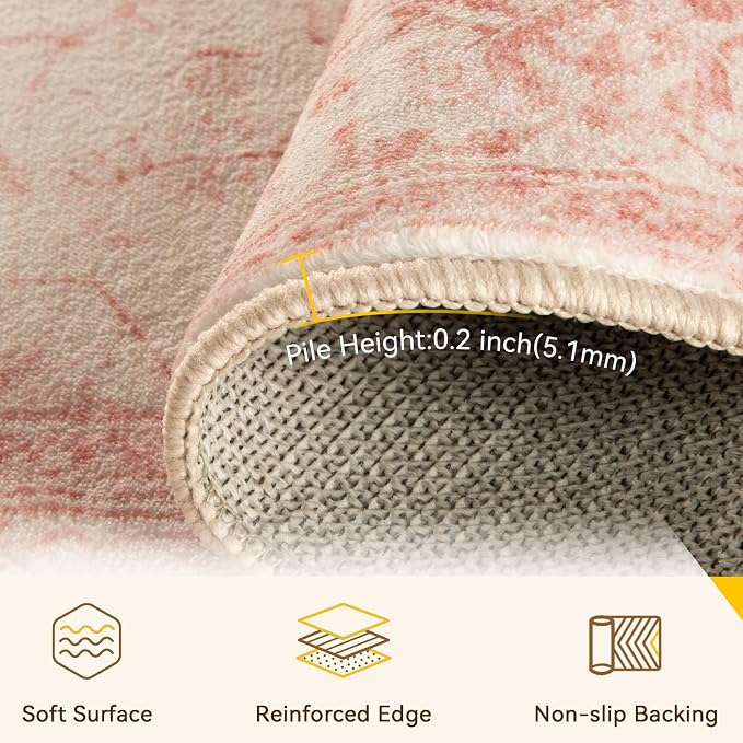 RELEANY Washable Area Rug, 8'x10', Pink/Light Vintage Pink | Non-Slip, Water Repellent, Pet Friendly, Easy to Clean, Vintage Floral Boho Decor for Living Room Bedroom Dining Room
