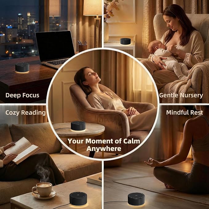 Kipcush White Noise Machine for Baby & Adults, 30 Soothing Sounds, Soft Non-Glare Nursery Lamp, 8 Color Night Lights, Memory Function (Angel V2 Black, Standard)