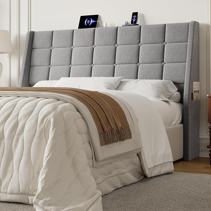 Queen Size Headboard with Charging Station, Wingback Ergonomic Headboards | Wingback Upholstered Bed Head Board with Storage Pocket, Sturdy Stable Solid Wood Headboard, Bed Frame Adapters, Light Grey