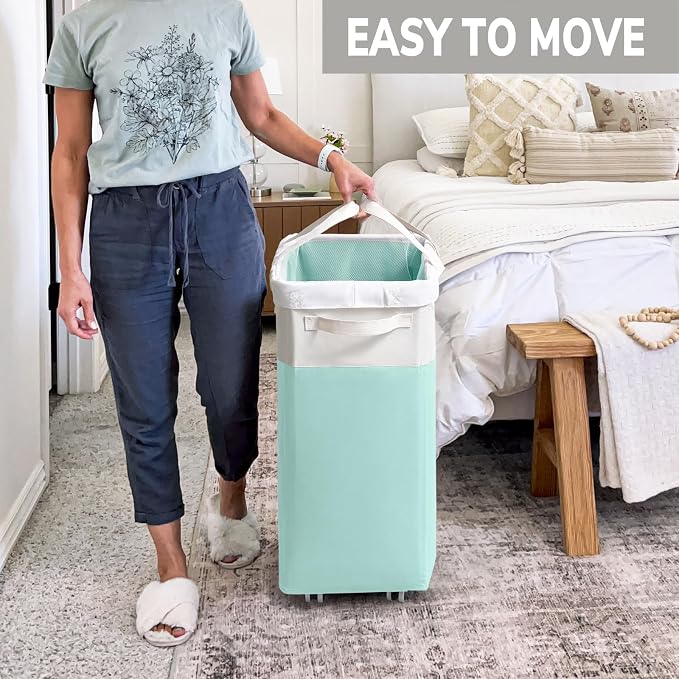 Goodpick Laundry Basket with Wheels, 75L Laundry Hamper with Wheels, Large Laundry Basket with Removable Wash Bag, Clothes Hamper for Laundry, Blue&White | Clothes Hamper with Removable Wash Bag for Laundry Room, Large Rolling Laundry Basket with Handl...