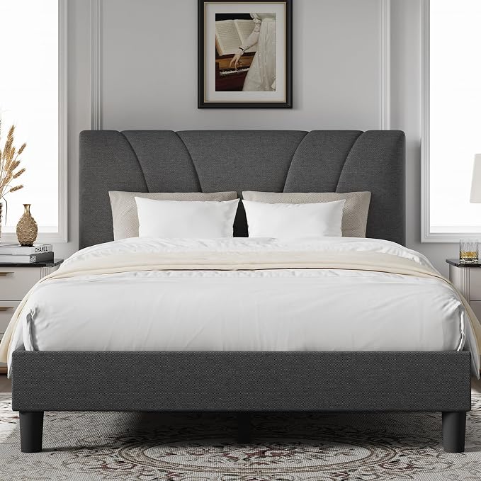 Novilla Queen Size Bed Frame Upholstered Queen Bed Frame with 3-Height Adjustable Headboard, Strong Weight Capacity, No Box Spring Needed, Easy Assembly, Grey