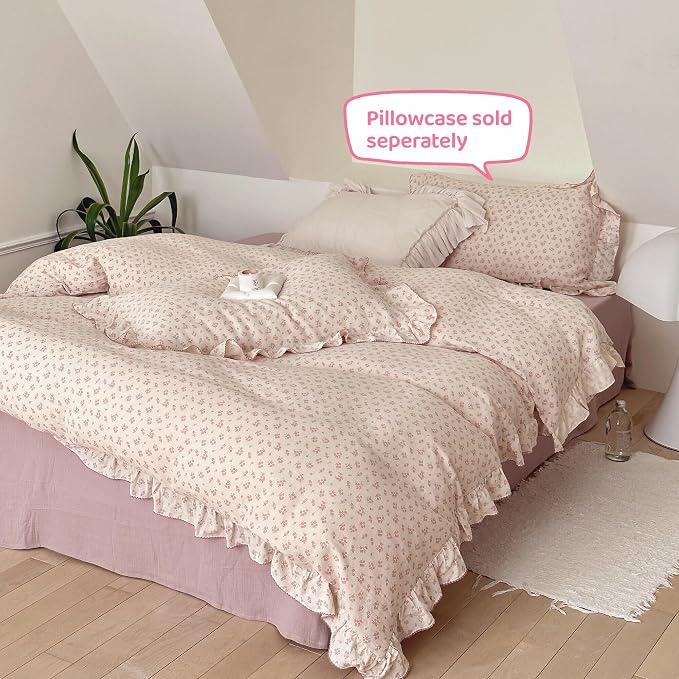 Pink Floral Duvet Cover Full Bedding Duvet Covers for Girls Kids Teens Soft Breathable Cotton Comforter Cover 79"x90" Shabby Chic Ruffles Quilt Cover, No Duvet/Comforter
