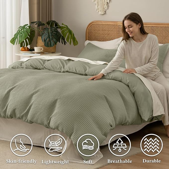 David's Home Textured Waffle Weave Duvet Cover Set, Twin Size, Dusty Sage | Breathable Cozy for All Season, 300GSM, 2PCS Home Bedding Decor, OEKO-TEX Certified, Hidden Zipper, 6 Corner Ties, 68" X 90"