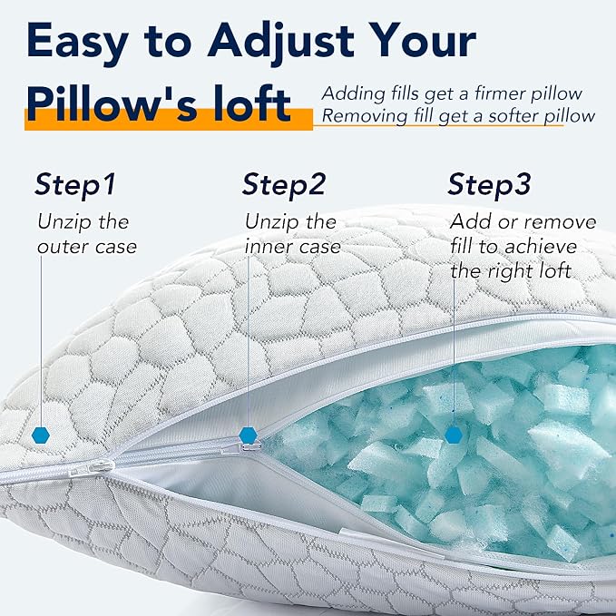 QUTOOL Cooling Memory Foam Pillows King Set of 2, Adjustable Shredded Memory Foam,Bed Pillows for Sleeping with Breathable Washable Cover, Designed for Side & Back Sleepers, Adjustable Loft