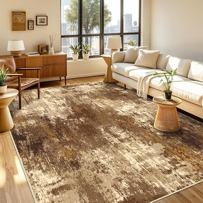 RELEANY Washable Runner 2'x6' Abstract Area Rug for Hallway Brown Tan | Carpet for Kitchen, Entryway, Bathroom, Living Room, Bedroom, Printed Pattern, Non‑Slip, Soft, Stain‑Resistant, Easy to Clean