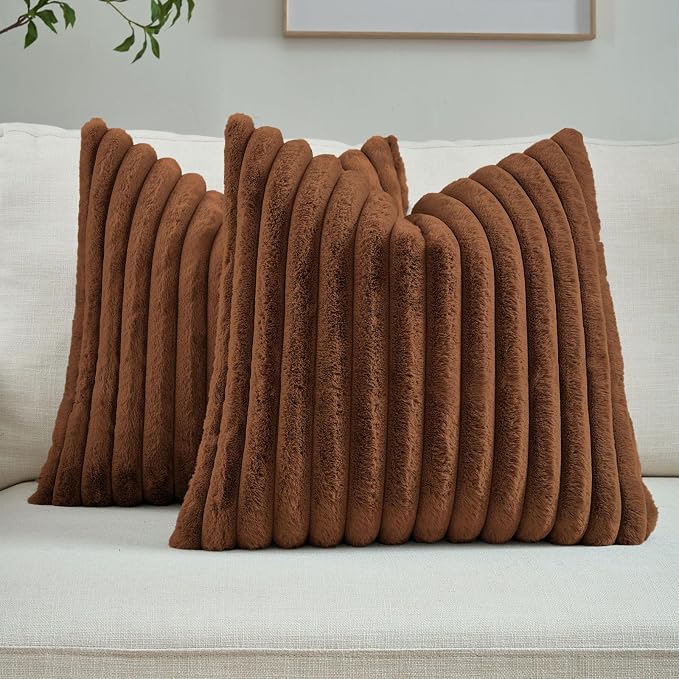 FUTEI Pack of 2 Faux Fur Throw Pillow Covers 16x16 Inch, Rust | Fluffy Faux Rabbit Fur Front/Premium Velvet Back,Hidden Zipper,Machine Washable,Non-Shedding,Colorfast,Insert Not Included.