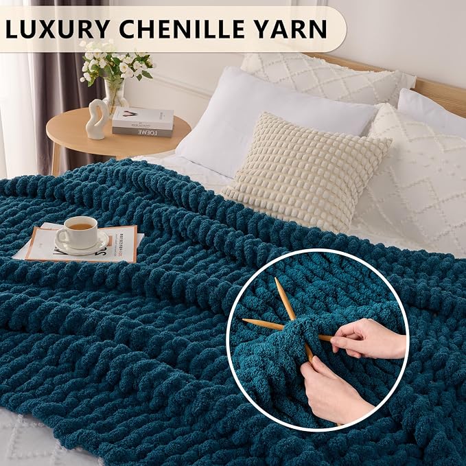 L'AGRATY Chunky Knit Throw Blanket for Couch, 50'' x 60'' Knit Throw, Blue | Handmade Chenille Crochet Blanket for Sofa Bed, Thick Cable Knitted Blankets for Room Home Decor, Birthday Gift for Women Mom