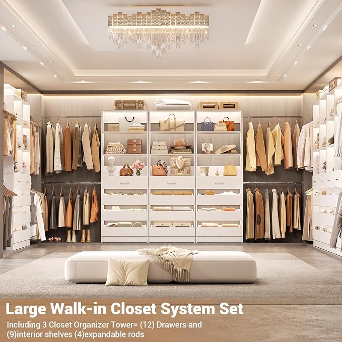 Aheaplus Closet System with 12 Drawers, 8.5-11.5Ft Wood Closet Organizer | White Closet Storage with 4 Hanging Rods & 3 Towers, 4Ft & 6Ft L-Shaped Walk-in Closets Wardrobe Organizer, Set of 3