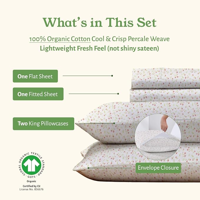 California Design Den Organic Cotton California King Sheets, Floral Print | GOTS Certified, Lightweight Crisp & Airy Percale For Hot Sleepers, 15" Deep Pocket, All-around Elastic, 4 Pc Set, Easy Care