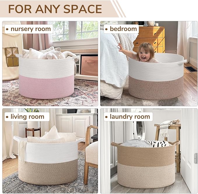 INDRESSME 115L Extra Large Woven Rope Blanket Basket Living Room LightBrown | 23.6" x 15.7" Storage baskets for toys laundry & pillows. Fits living room, bedroom or nursery décor. Soft-touch with handles