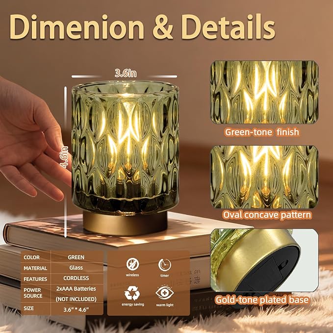Battery Operated Table Lamp Timer, Small Cordless Lamps Decorative, 2 Green | Mini Crystal Lamp for Area No Plug, LED Battery Powered Lamps Wireless, Glass Accent Light for Bathroom Fireplace Shelf Decor