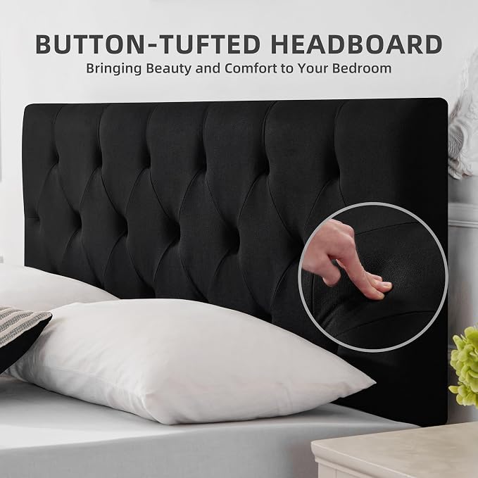 Linen Headboard Queen Size Only, Adjustable Height 37-51 in, Black | Diamond Tufting Solid Wood Queen Headboards, Durable Metal Legs, Upholstered Queen Head Board for Bed Frame, Modern Fabric