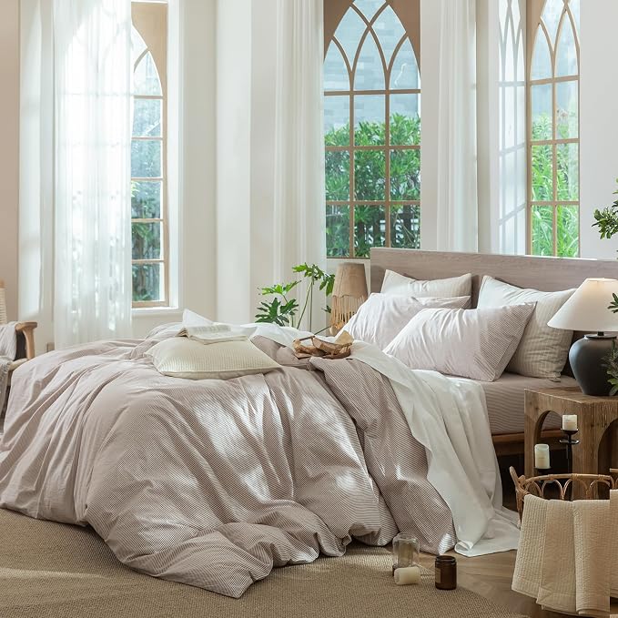 MooMee Striped Duvet Cover Set 100% Washed Cotton Linen Like Queen | Relaxed Linen-like Texture. Soft, Breathable & Long-lasting Comfort. Lightweight. Hidden Zipper with 8 Interior Corner Ties