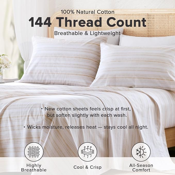 Comfort Spaces 100% Cotton Percale Sheets Twin Size 3 Pcs, Good Vibes Taupe | Crisp, Cool & Breathable Bed Sheets, 12" Deep Pocket Fits Up to 14" Mattress, Lightweight, All Season Cozy, with Pillow Case