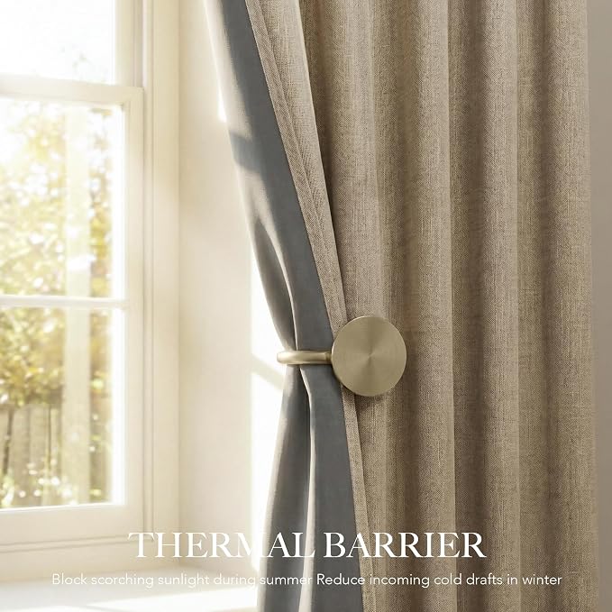 RYB HOME Linen Textured 100% Blackout Curtains 90 Inch Long for Office | Thermal Insulated, Energy Saving, for Bedroom Living Room Dining Patio Sliding Glass Door Nursery, Burlap, W52xL90, 2 Panels