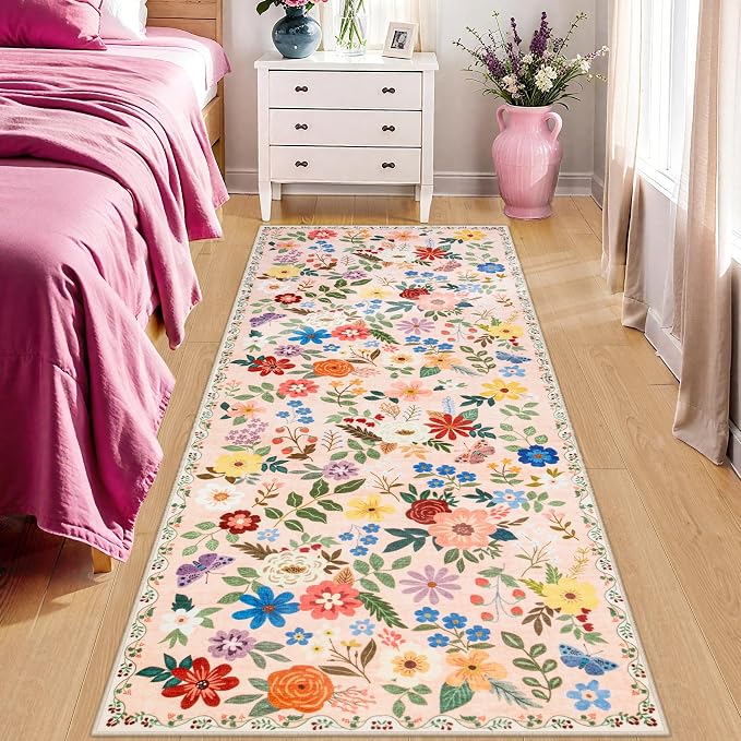 PLHXFR 2x6 Washable Runner Rug：Floral Indoor Kitchen Soft Carpet Beige | For Hallway Bedroom Kitchen Laundry Bathroom Dorm,Vintage Floral,Machine washable,Non Slip,Stain Resistant,Indoor Floor