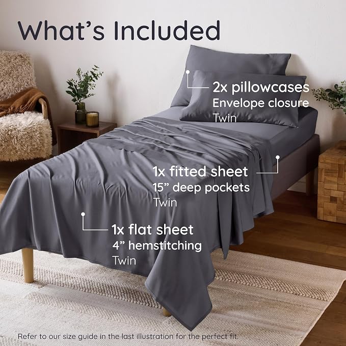 Bambaw 100% Viscose Derived from Bamboo Sheets Twin Size Set – 4-Piece Cooling Sheet Set Twin Size, Lightweight, Soft & Moisture Wicking, Deep Pocket Fits Up to 15" Mattresses, Smooth Feel (Charcoal)