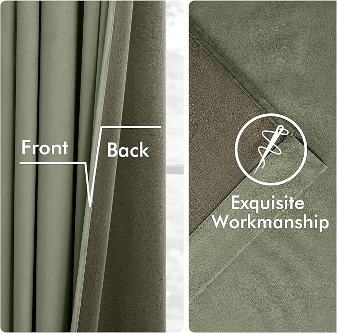 MIULEE Velvet Curtains 50W x 90L 2 Panels Sage Green Blackout Curtains | Luxury velvet fabric, pinch pleat design, back tab hooks, thermal insulated, blackout light blocking, for living room bedroom
