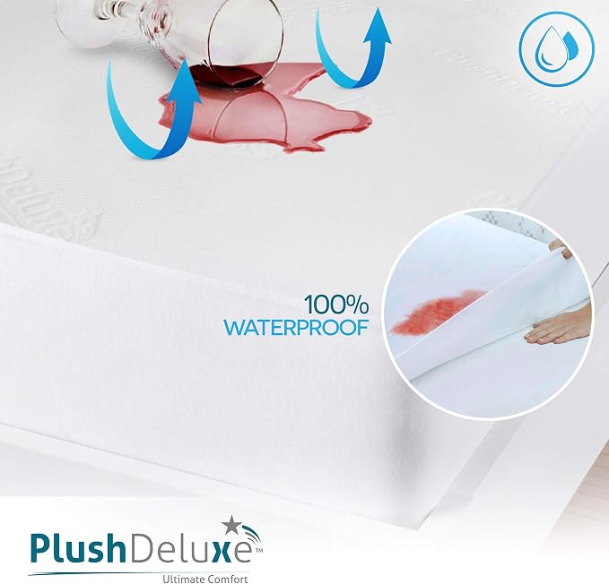 PlushDeluxe Bamboo Waterproof Mattress Protector, King Size, Ultra Soft | Breathable, Noiseless, Hypoallergenic, Washable, 76x80" Up to 18" Deep, Viscose Derived from Bamboo Mattress Cover, White