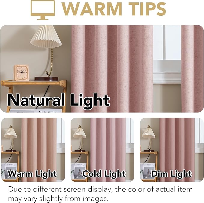 H.VERSAILTEX Linen Curtains 100% Blackout Curtains for Bedroom 90 inch Long Full Light Blocking Nature Linen Blended Window Curtains for Living Room Nickel Grommet (2 Panels, Heathered Baby Pink)