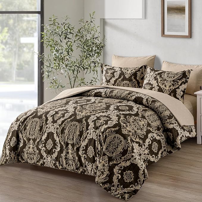 WONGS BEDDING 7 Pieces Comforter Set King Size,Damask Texture Design Bed in a Bag Bedding Sets,Brown Soft Lightweight Microfiber Bedding Set for All Season