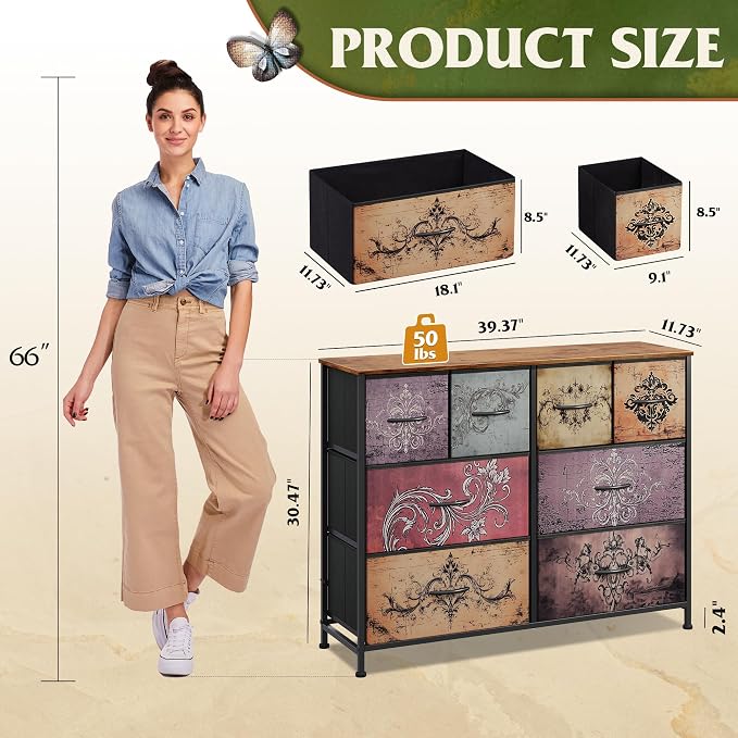 WLIVE Wide Dresser for Bedroom, 8 Drawer Chest of Drawers, Pattern | 8 roomy fabric drawers, Wide storage design, Bedroom or closet use, Sturdy steel frame, Smooth wood tabletop