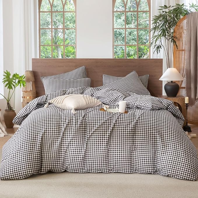 Black Grid Comforter Set Queen Soft Luxury Washed Microfiber 3 Pieces Bedding Set, White Grey Grid Pattern Comforter with 2 Pillowcases Breathable Durable Comfy