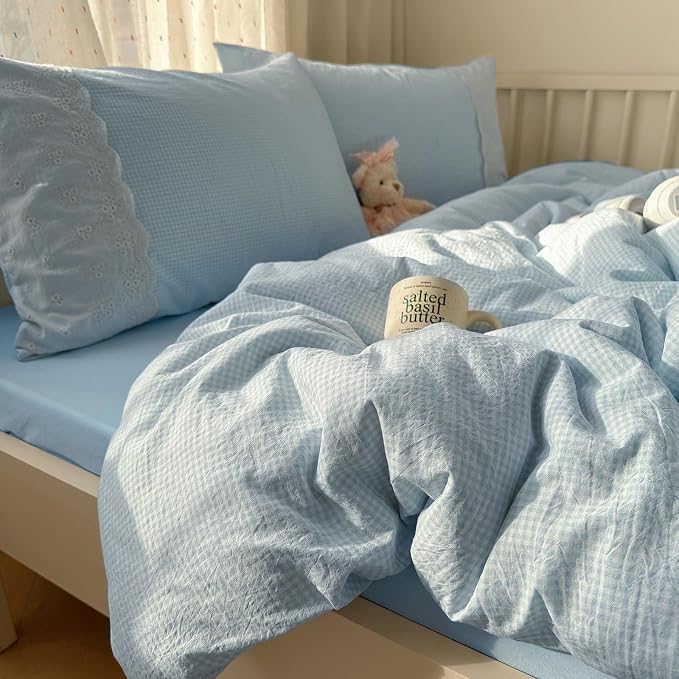 mixinni Blue Gingham Duvet Cover Twin Size - 3 Piece Cottagecore Plaid Bedding Set with Lace Trim, Soft Washed Microfiber Vintage Aesthetic Grid Comforter Cover & Pillow Shams, (Blue White Gingham)