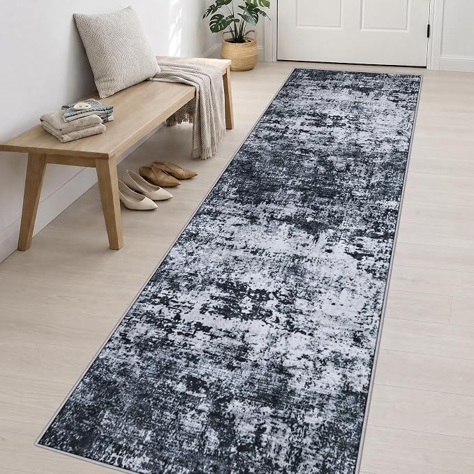 3x14 Washable Runner Rug：Modern Abstract Kitchen Carpet Black | For Hallway, Bedroom, Kitchen, Laundry, Bathroom,Door Mat,Modern Abstract,Machine washable,Non-Slip,Stain Resistant,Indoor