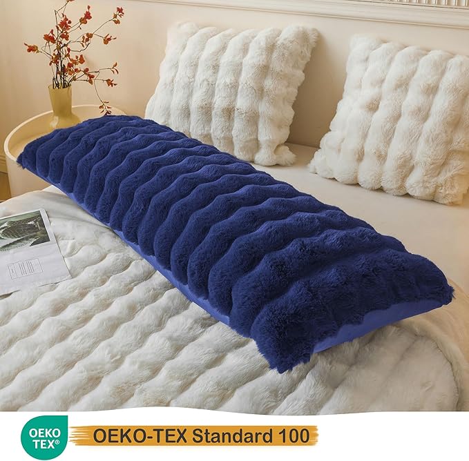 LIFEREVO Fluffy Faux Rabbit Fur Body Pillow Cover 20"x54", Navy Blue | Luxury Bubble Waffle Shaggy Bed Pillowcase with Hidden Zipper, Decorative Royal Long Fuzzy Pillow Case for Adults Kids Girls