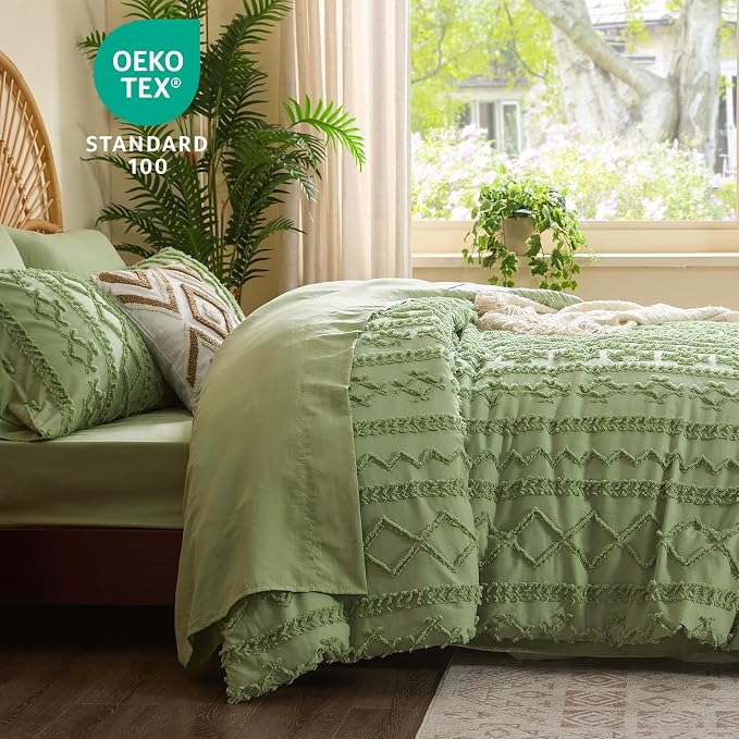 BEDELITE Full Comforter Set 7 Pieces,Boho Bed in a Bag,Sage Green | Tufted Bed Set for All Seasons,Soft Farmhouse-Style Embroidery Bedding,Includes Flat & Fitted Sheets,2 Pillowcases & 2 Shams
