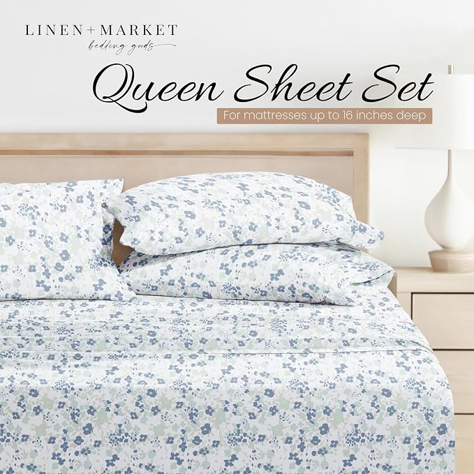 Linen Market Patterned Microfiber Queen Sheet Set 4 Piece – Oeko-TEX Certified Ultra Soft & Wrinkle-Free - 16" Deep Pocket Sheets - Easy Care Queen Size - Violets Light Blue