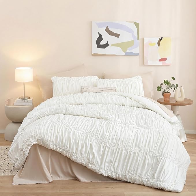 weigelia Cream Ruched Comforter Set King Size, Cute Girls Bedding Set | All Season, Soft Microfiber Comforter, Cozy Cinched Design for Home & Bedroom Decor (1 Comforter,2 Pillowcases)