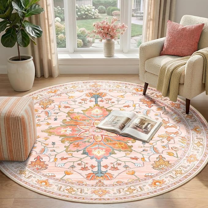 RELEANY Washable Area Rug, Round 4ft, Pink/Light Pink/Colorful | Non-Slip, Water Repellent, Pet Friendly, Easy to Clean, Vintage Floral Boho Decor for Living Room Bedroom Dining Room Entry