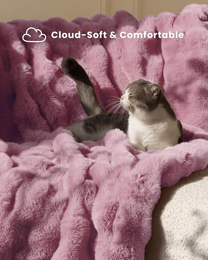 Ultra Soft Cozy Faux Fur Throw Blanket, Fuzzy Plush Thick Bubble Blanket, Oversize Luxury Fluffy Blanket for Couch, Sofa, Bedroom, and Living Room,50x60 Inches,Pink