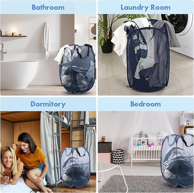 Pop Up Laundry Hamper, 70 L Collapsible Mesh Basket with Side Pocket, Blue | Reinforced handles, breathable fabric, foldable, portable for dorm college travel camping cruise, dirty clothes, toys storage