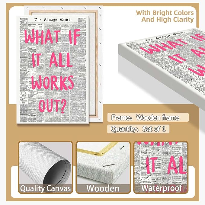 What If It All Works Out Poster Retro Newspaper Pink Font Canvas Wall Art Positive Affirming Quote Minimalist Prints Painting For Home Bedroom Dorm Wall Decor 24x36in Wframed