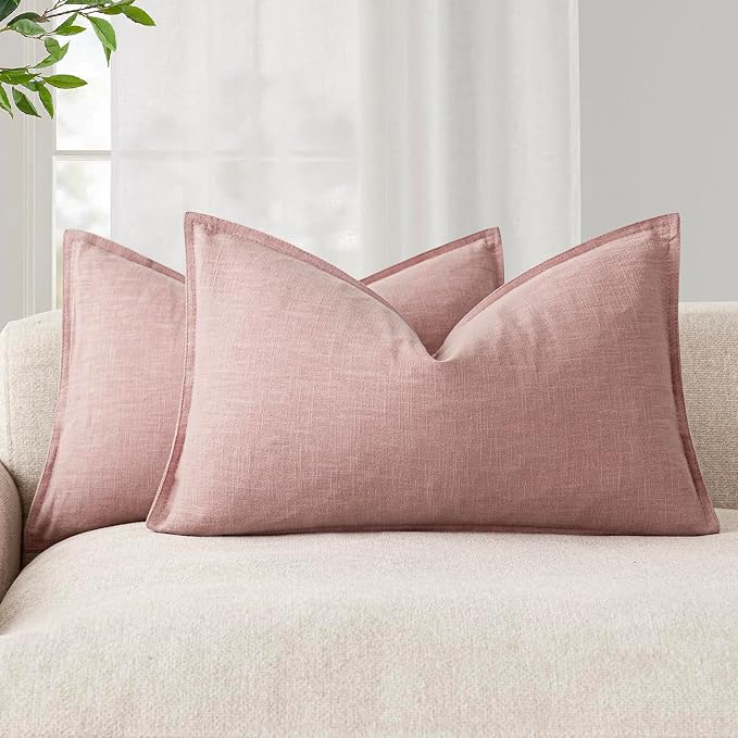 Foindtower Decorative Linen Lumbar Throw Pillow Covers 12x20 Inch Rose Pink | Pack of 2 Boho Farmhouse Pillowcase,Accent Neutral Solid Cushion Covers,Morden Home Decor for Couch Sofa Bedroom Living Room