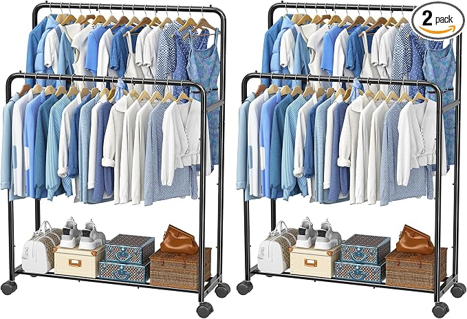 Simple Trending Clothing Clothes Rack Double Rods with Wheels, Rolling Metal Garment Rack for Hanging, Black (Pack of 2)