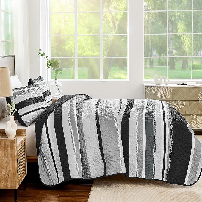 WONGS BEDDING Striped Quilts King Size Set, Black Lightweight Bedspread | Lightweight Microfiber Coverlet, Breathable All-Season, Machine Washable, 3-Piece Set 110"x90", Great for Men Boys Dorm Room