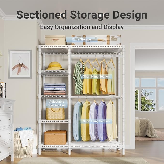 VIPEK V7 Clothing Rack with Shelves Heavy duty Closet for Hanging Clothes | 5 Tiers Adjustable Wire Shelving, Double Hanging Rods, 670lbs Metal Closet System, Space-Saving Storage for Bedroom,White