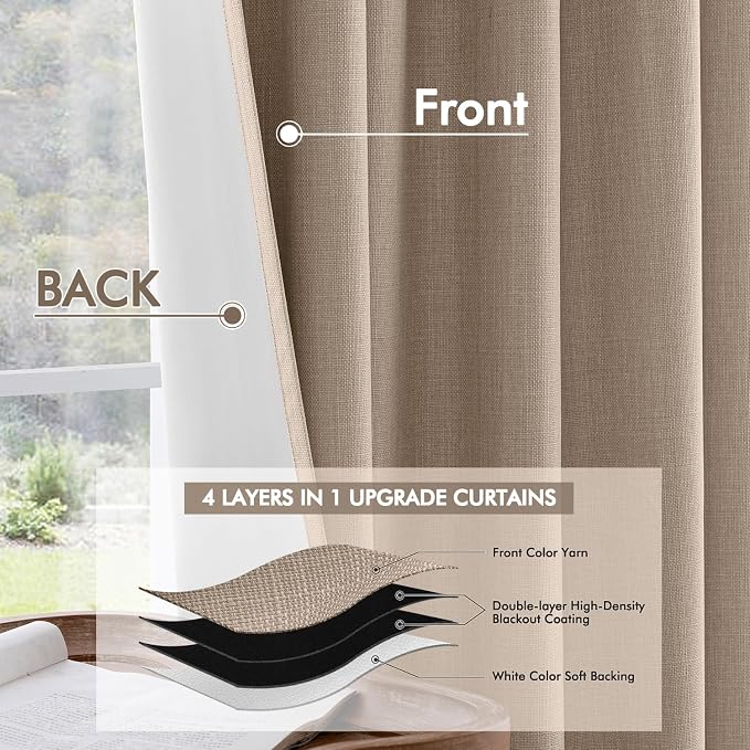 MIULEE 100% Blackout Back Tab Pleat Linen Curtains 50" Wx96 L,Copper Brown | 2 Panels,Thick Faux Linen,Floor to Ceiling,with Hooks,for Bedroom Living Room,Black Out,Room Darkening