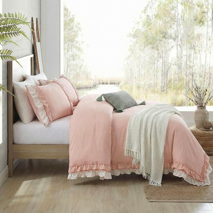 Bedorm Ruffle Duvet Cover Twin Coquette Bedding Ultra Soft Breathable Shabby Chic Bedding Pink Ruffled Duvet Cover Set Cute Comforter Cover