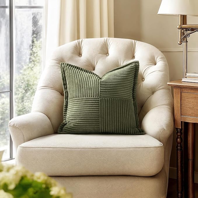 MIULEE Decorative Throw Pillow Covers for Couch 20x20 Inch Olive Green | 2 Pack, Boho Broadside Striped Patchwork Pillow Covers, Soft Corduroy Cushion Cases, For Sofa Bed Livingroom Home Decor