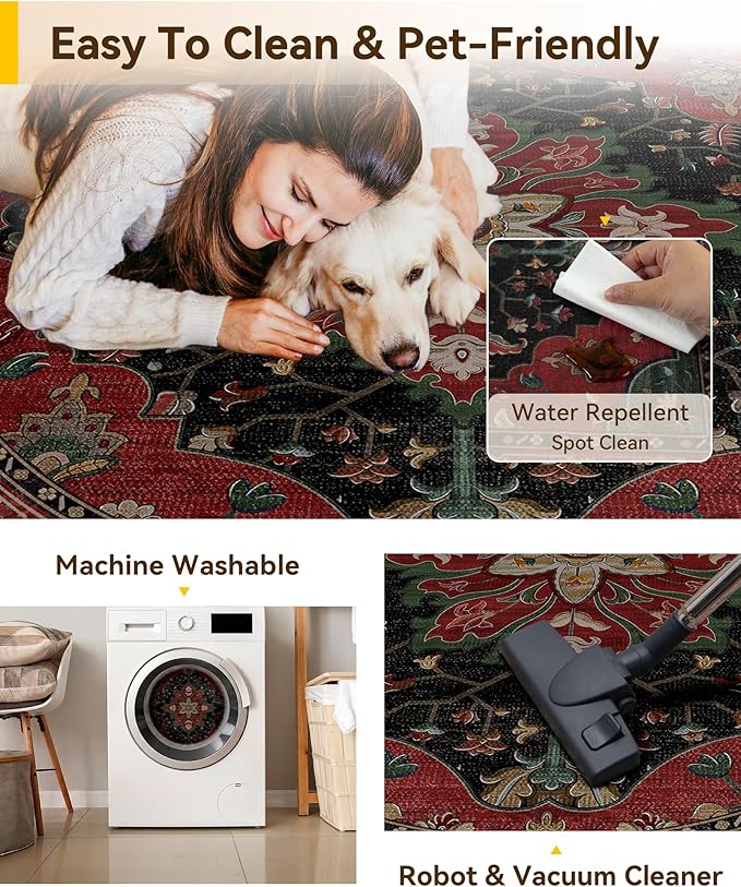 RELEANY Washable Area Rug, Round 10ft, Red/Black | Non-Slip, Water Repellent, Pet Friendly, Easy to Clean, Vintage Floral Boho Decor for Living Room Bedroom Dining Room